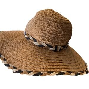 Tahari Beach Hat sun paper straw wide brim Braided Trim Women’s hat OSFM